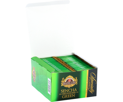 Otwarta herbata Basilur Sencha Green z widocznymi kopertami herbaty.
