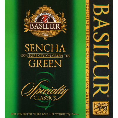 Opakowanie herbaty Basilur Sencha Green w klasycznym zielono-czarnym designie.