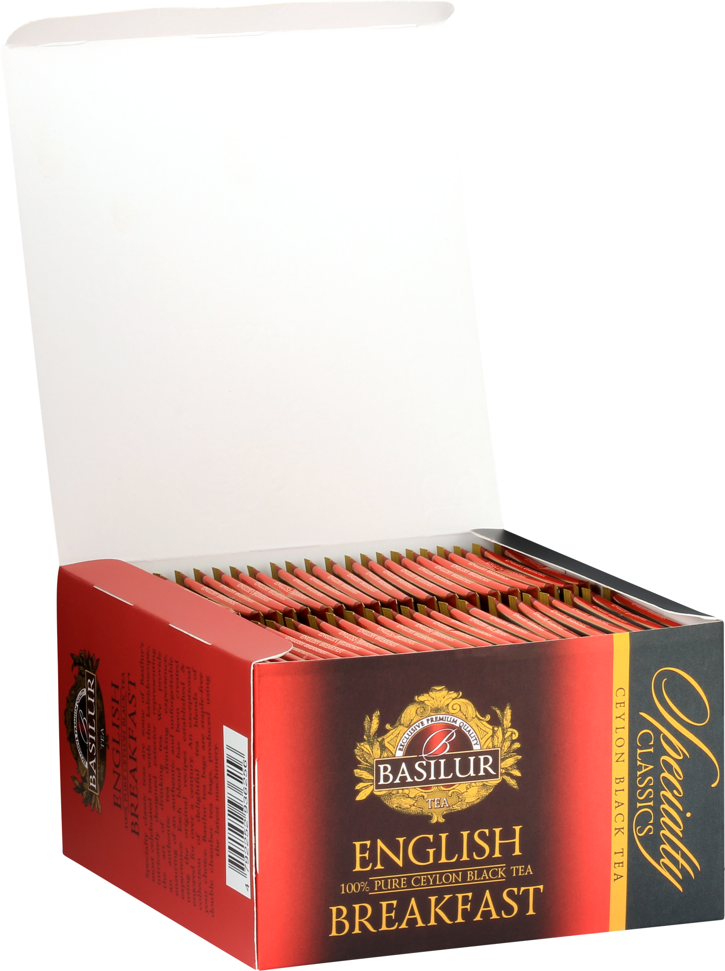 Otwarty karton Basilur English Breakfast z 50 kopertami herbaty.