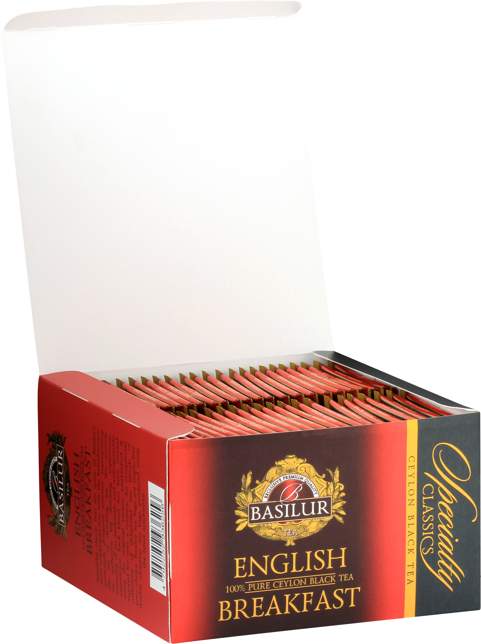 Otwarty karton Basilur English Breakfast z 50 kopertami herbaty.
