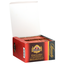 Otwarty karton Basilur English Breakfast z 50 kopertami herbaty.