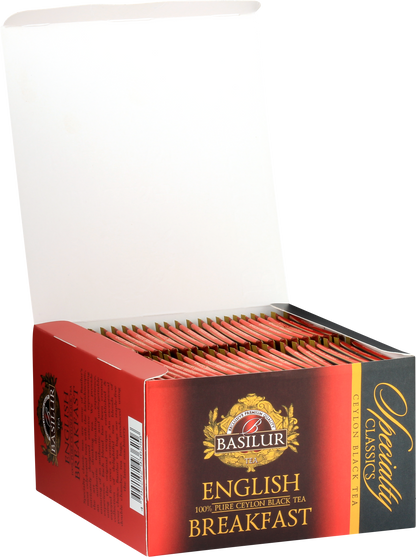 Otwarty karton Basilur English Breakfast z 50 kopertami herbaty.