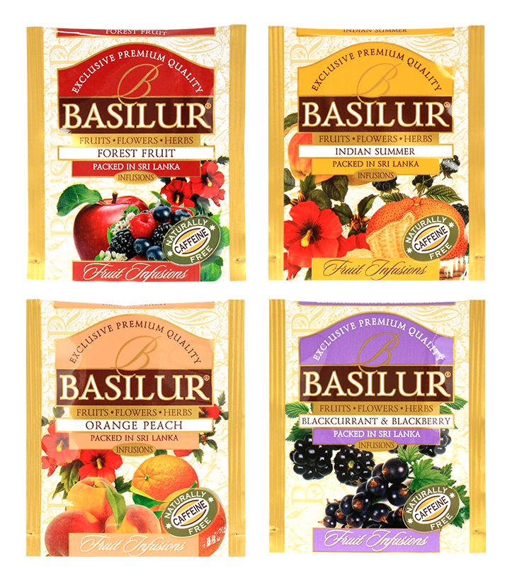 Zestaw herbat owocowych Basilur Fruit Infusion vol. I – cztery smaki bez kofeiny w kopertach.