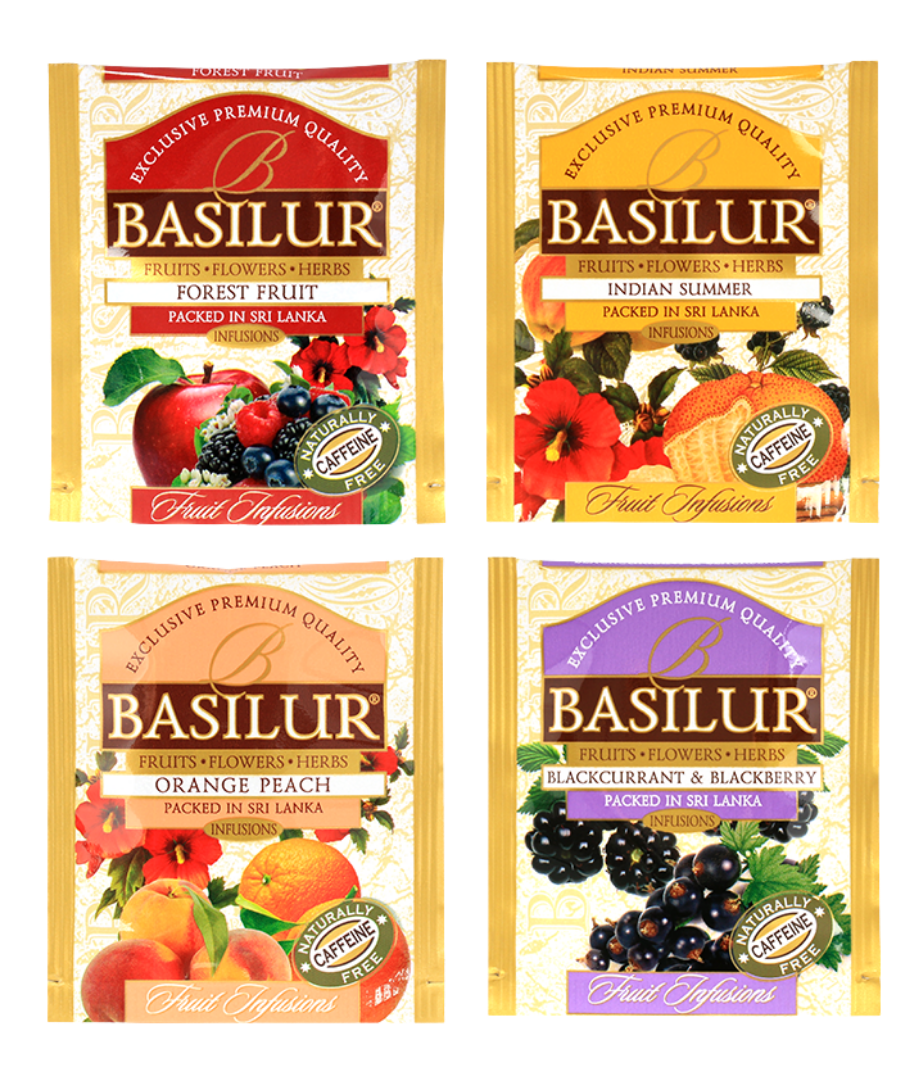 Zestaw herbat owocowych Basilur Fruit Infusion vol. I – cztery smaki bez kofeiny w kopertach.