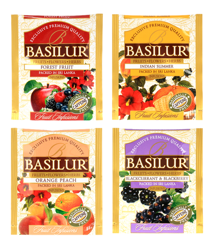Zestaw herbat owocowych Basilur Fruit Infusion vol. I – cztery smaki bez kofeiny w kopertach.