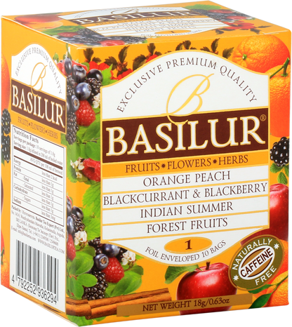 Opakowanie herbaty Basilur Fruit Infusion vol. I z mieszankami owoców i ziół, idealne na prezent.