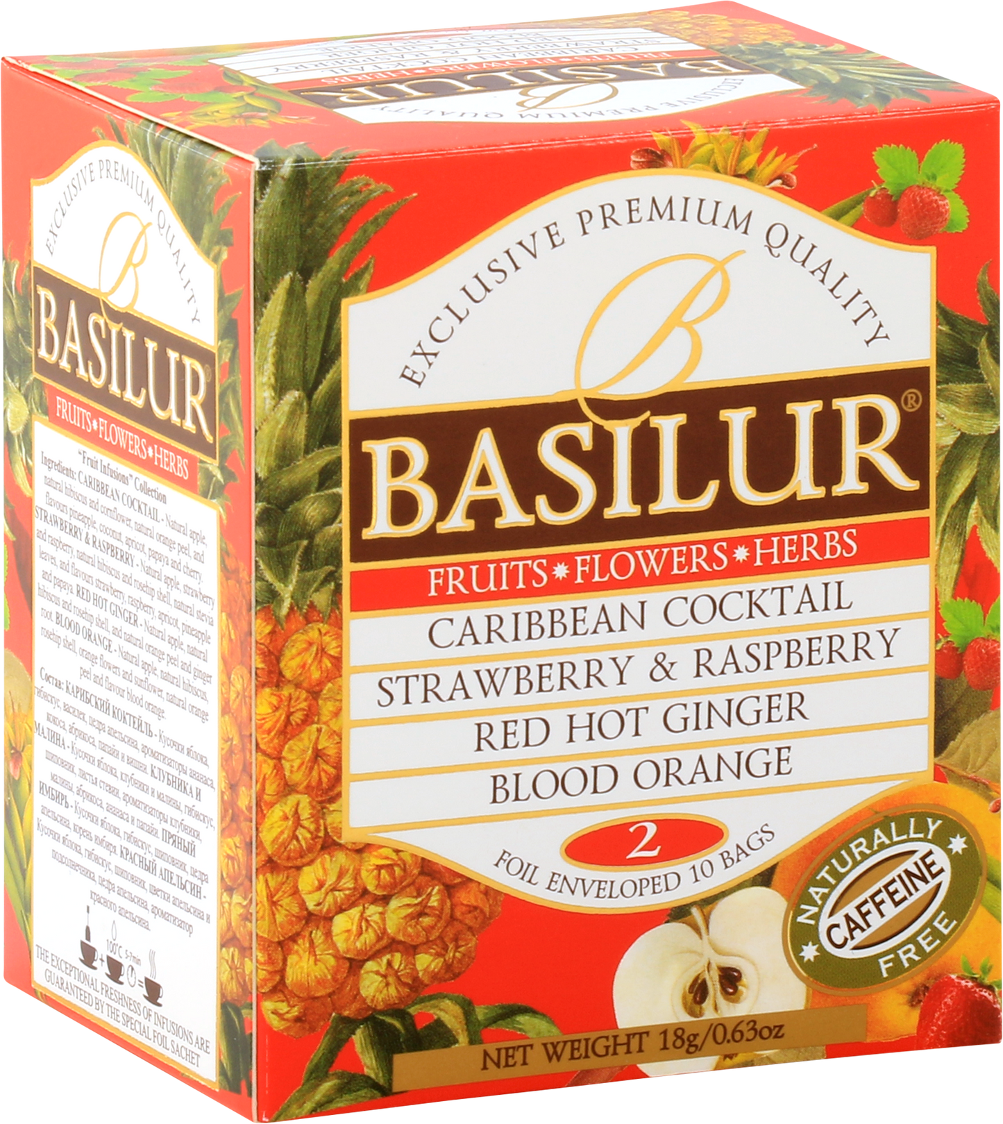 Zestaw Basilur Fruit Infusion vol. II – cztery smaki herbat owocowych bez kofeiny w kopertach.