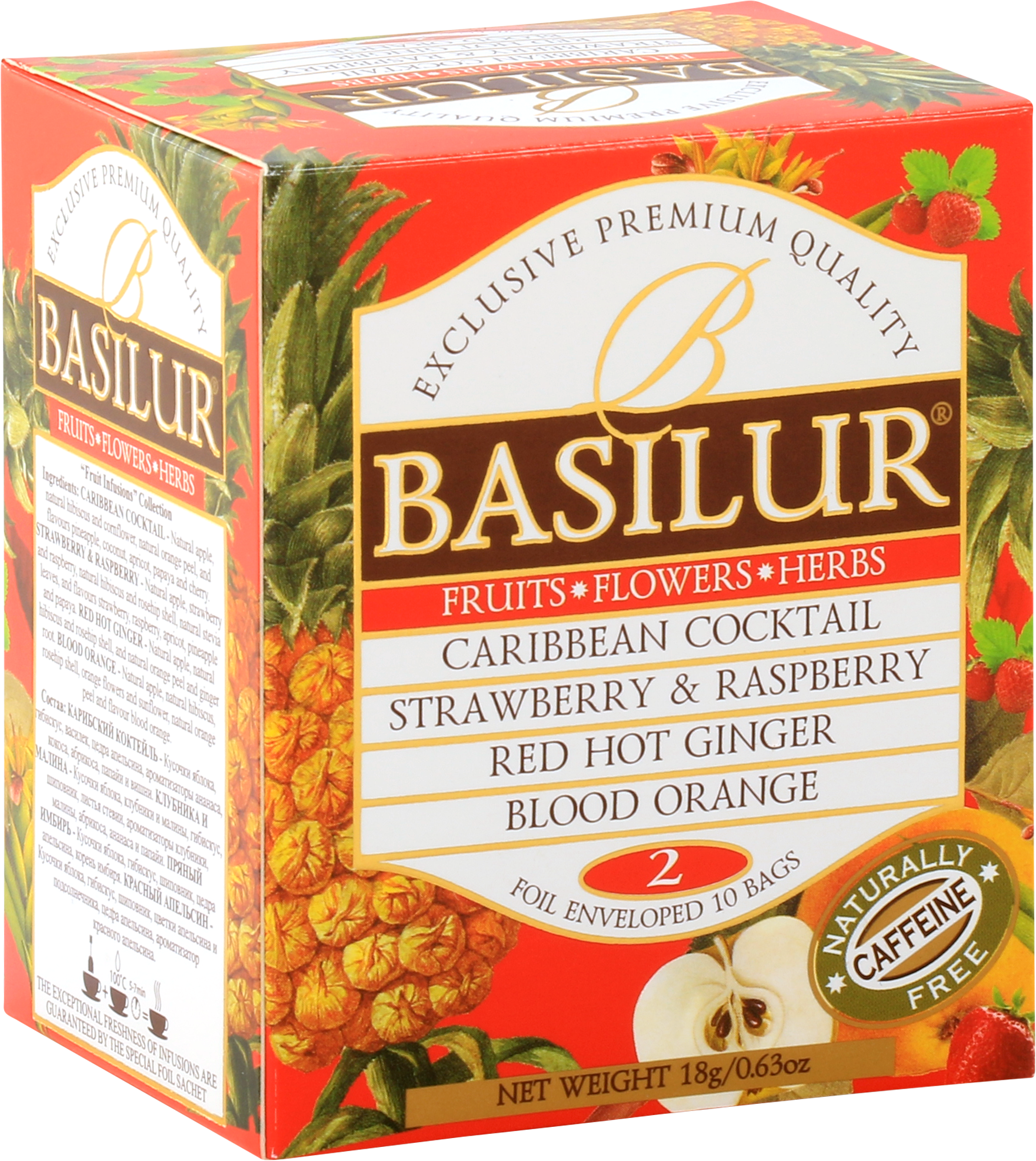 Zestaw Basilur Fruit Infusion vol. II – cztery smaki herbat owocowych bez kofeiny w kopertach.