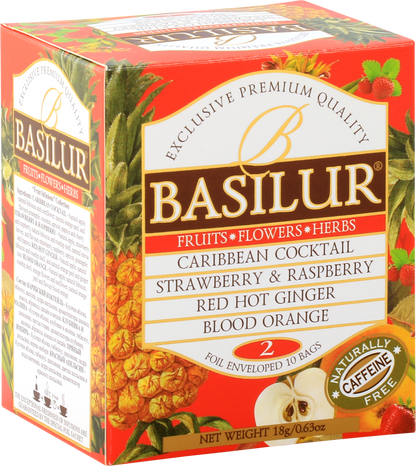 Zestaw Basilur Fruit Infusion vol. II – cztery smaki herbat owocowych bez kofeiny w kopertach.
