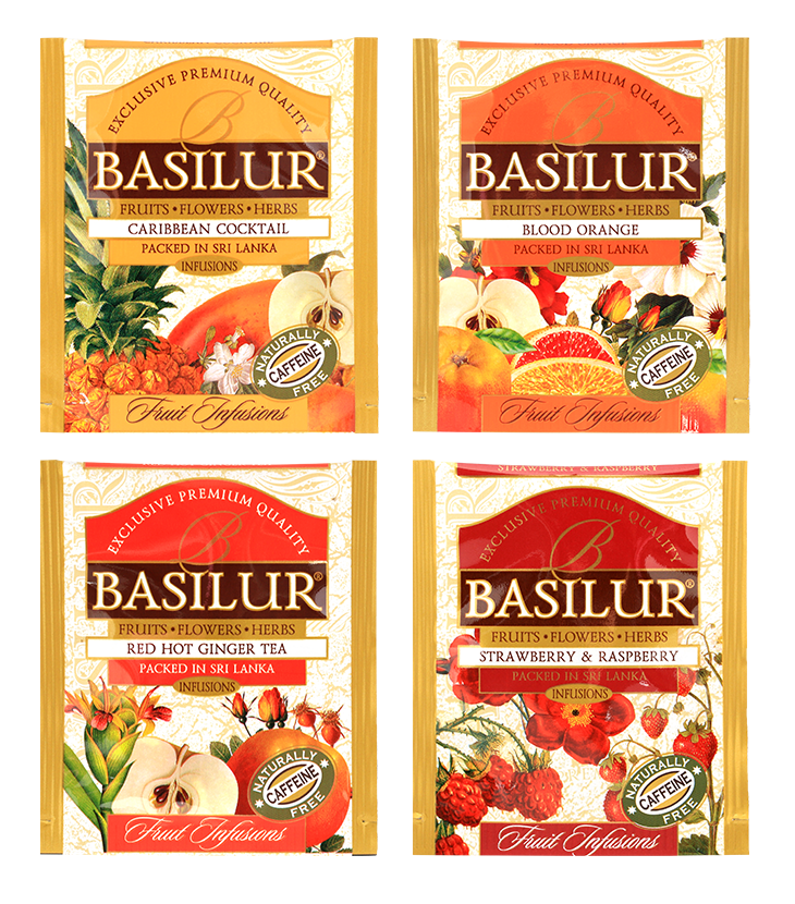 Torebki herbat Basilur Fruit Infusion vol. II – Caribbean Cocktail, Strawberry & Raspberry, Red Hot Ginger, Blood Orange.