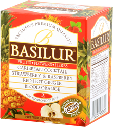 Opakowanie herbat Basilur Fruit Infusion vol. II z tropikalnymi i owocowymi mieszankami.