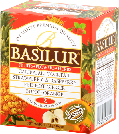 Opakowanie herbat Basilur Fruit Infusion vol. II z tropikalnymi i owocowymi mieszankami.