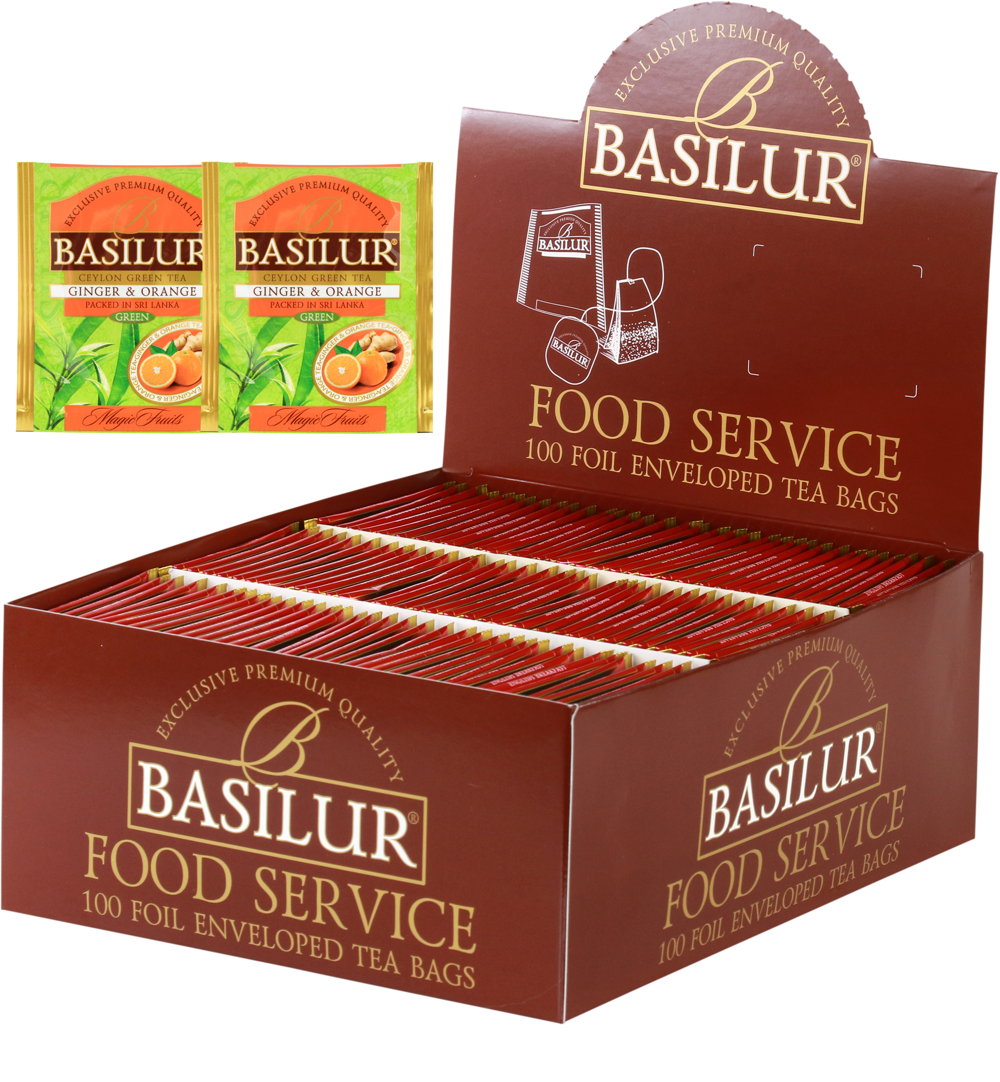 Herbata Basilur Ginger & Orange w ekspozytorze typu food service, 100 torebek w kopertach.