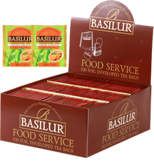 Herbata Basilur Ginger & Orange w ekspozytorze typu food service, 100 torebek w kopertach.
