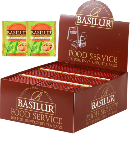 Herbata Basilur Ginger & Orange w ekspozytorze typu food service, 100 torebek w kopertach.