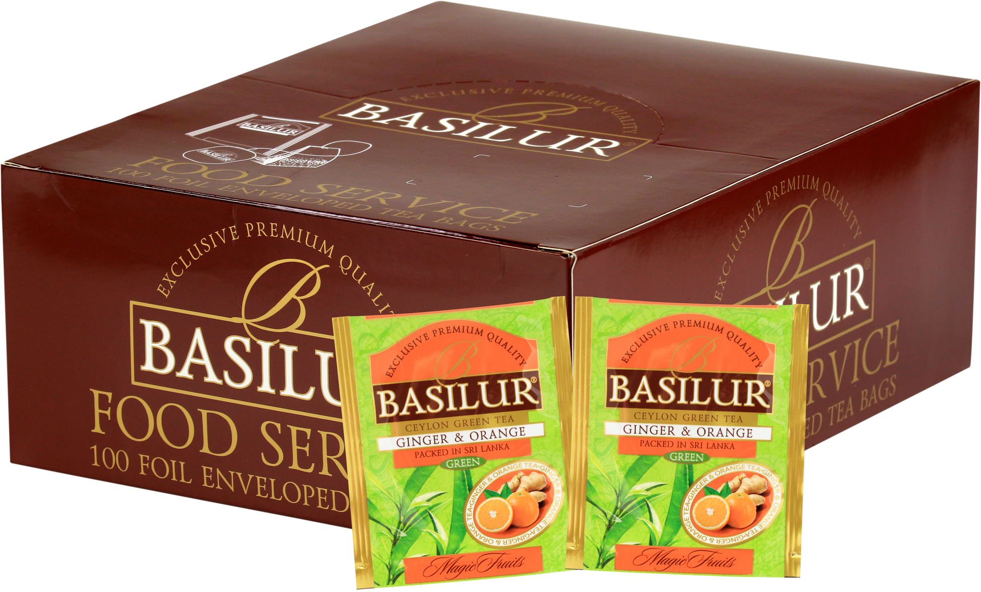 Opakowanie zbiorcze Basilur Ginger & Orange z saszetkami zielonej herbaty z imbirem i pomarańczą.