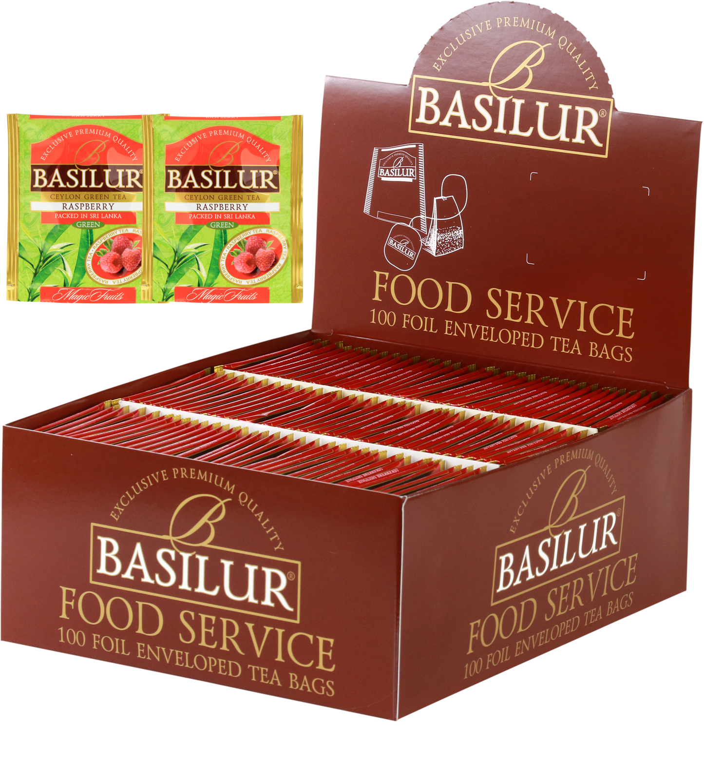 Herbata Basilur Raspberry w ekspozytorze typu food service, 100 kopertowanych torebek zielonej herbaty.