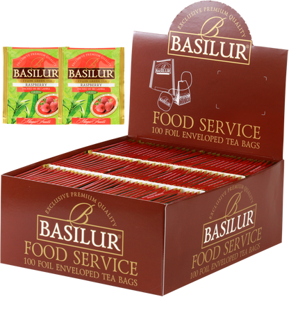 Herbata Basilur Raspberry w ekspozytorze typu food service, 100 kopertowanych torebek zielonej herbaty.