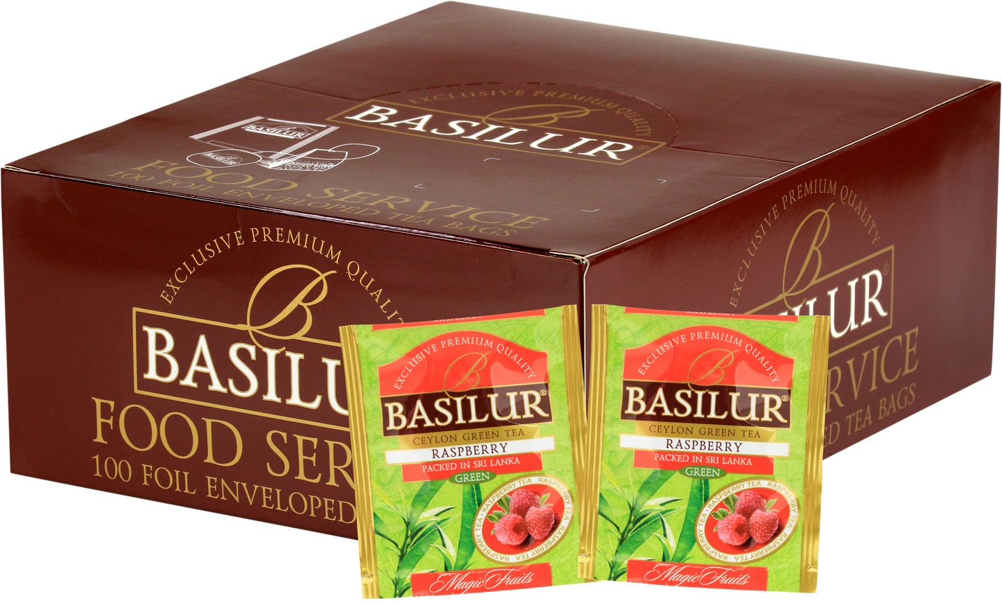 Opakowanie zbiorcze Basilur Raspberry z saszetkami zielonej herbaty cejlońskiej o smaku malin.