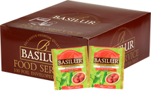 Opakowanie zbiorcze Basilur Raspberry z saszetkami zielonej herbaty cejlońskiej o smaku malin.