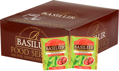 Opakowanie zbiorcze Basilur Raspberry z saszetkami zielonej herbaty cejlońskiej o smaku malin.