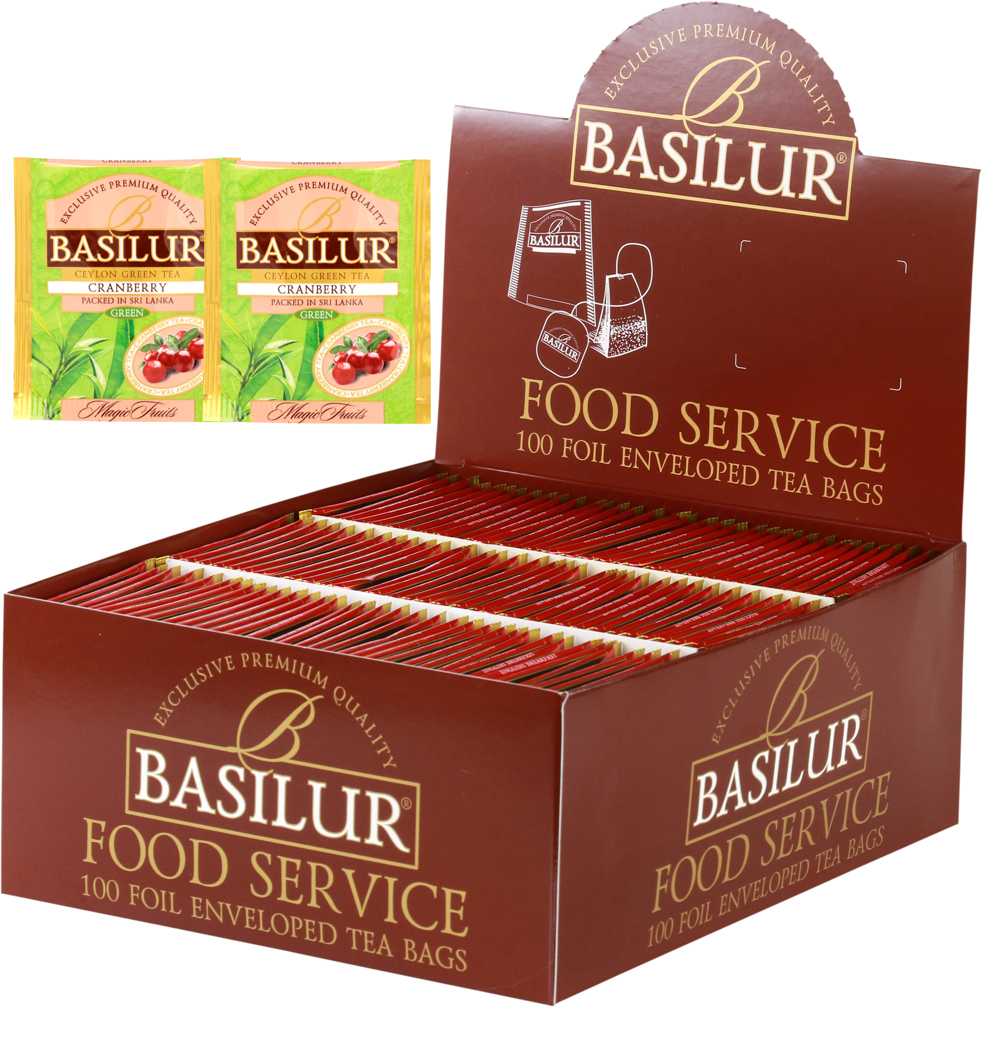Herbata Basilur Cranberry w ekspozytorze typu food service, 100 kopertowanych torebek zielonej herbaty z żurawiną.