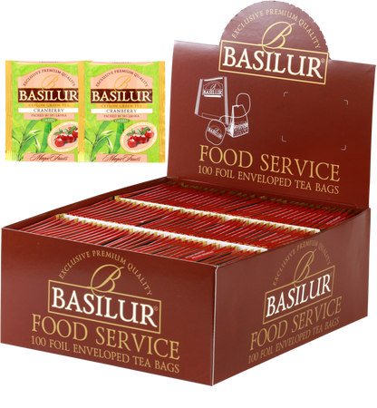Herbata Basilur Cranberry w ekspozytorze typu food service, 100 kopertowanych torebek zielonej herbaty z żurawiną.