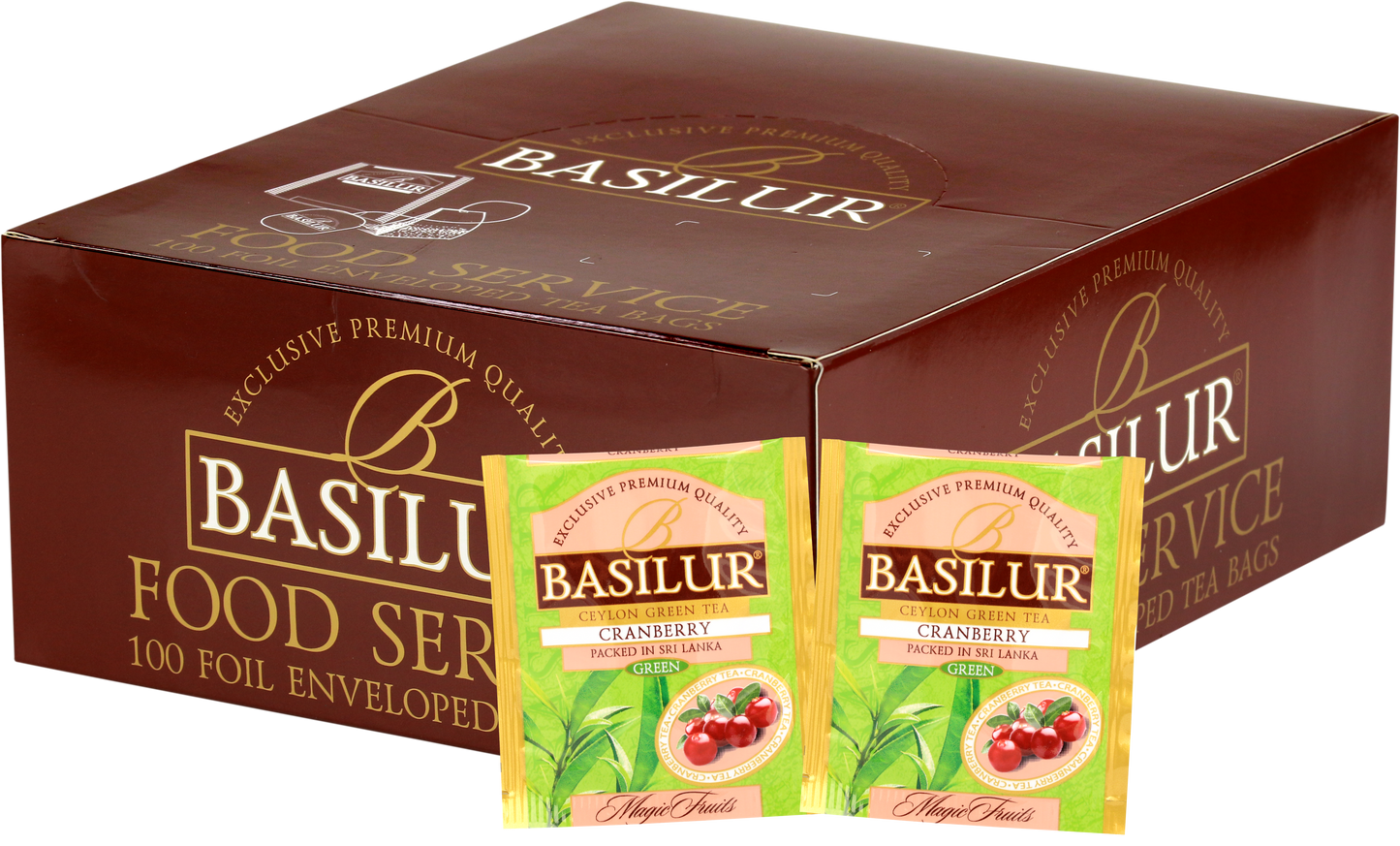 Herbata Basilur Cranberry w ekspozytorze typu food service, 100 kopertowanych torebek zielonej herbaty z żurawiną.