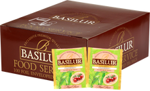 Herbata Basilur Cranberry w ekspozytorze typu food service, 100 kopertowanych torebek zielonej herbaty z żurawiną.
