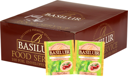 Herbata Basilur Cranberry w ekspozytorze typu food service, 100 kopertowanych torebek zielonej herbaty z żurawiną.