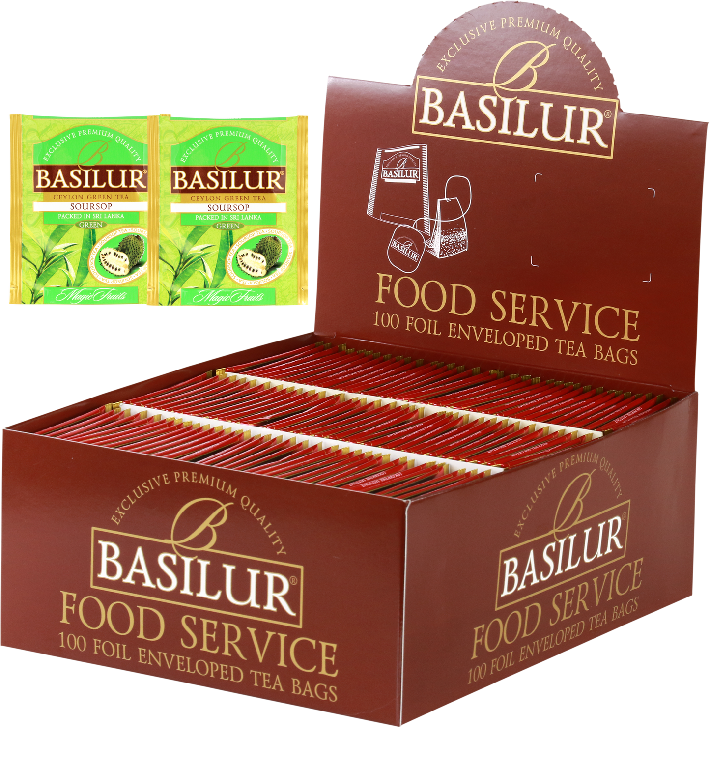 Herbata Basilur Soursop w ekspozytorze typu food service, 100 kopertowanych torebek zielonej herbaty z graviolą.