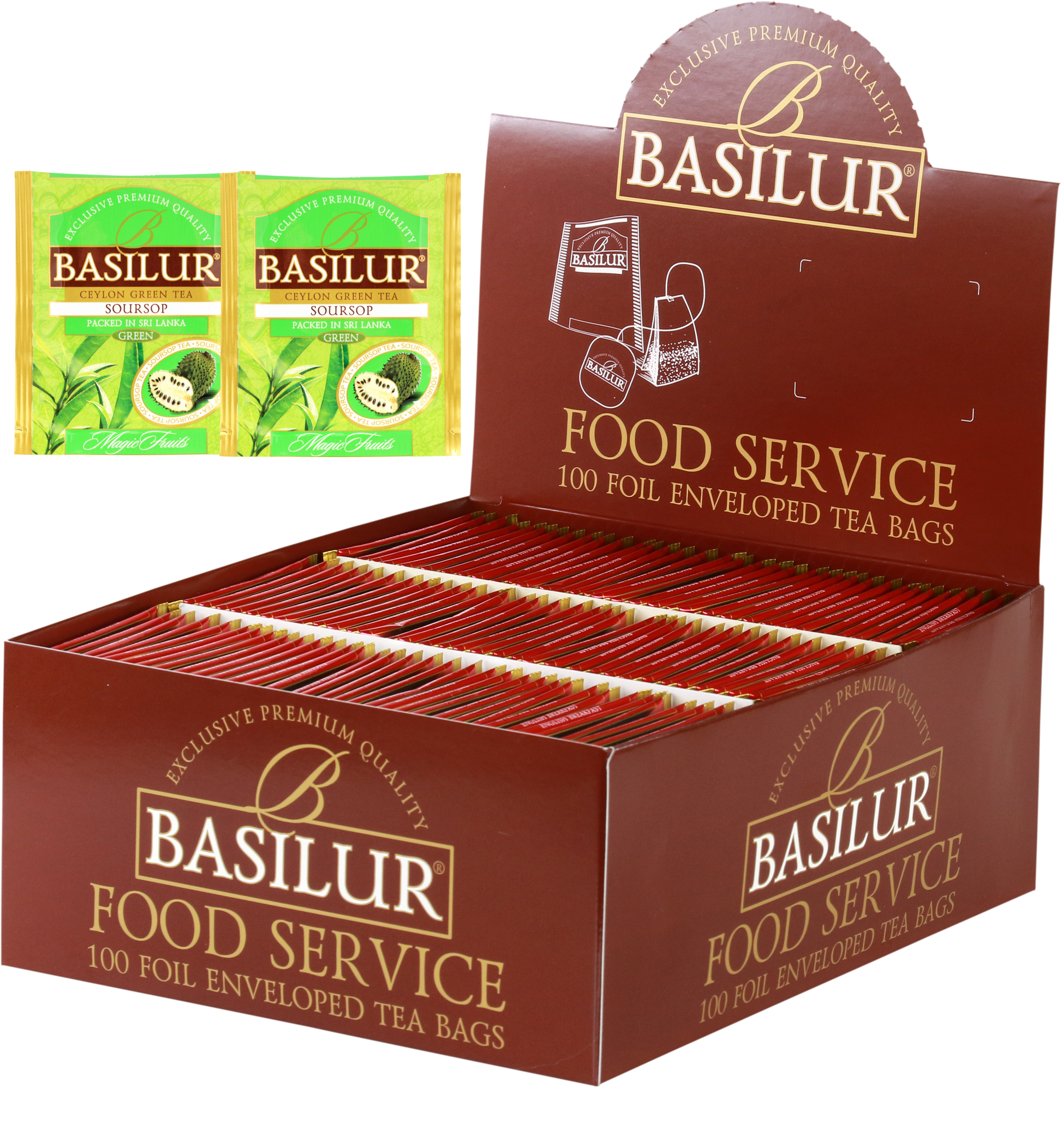 Herbata Basilur Soursop w ekspozytorze typu food service, 100 kopertowanych torebek zielonej herbaty z graviolą.