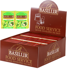 Herbata Basilur Soursop w ekspozytorze typu food service, 100 kopertowanych torebek zielonej herbaty z graviolą.