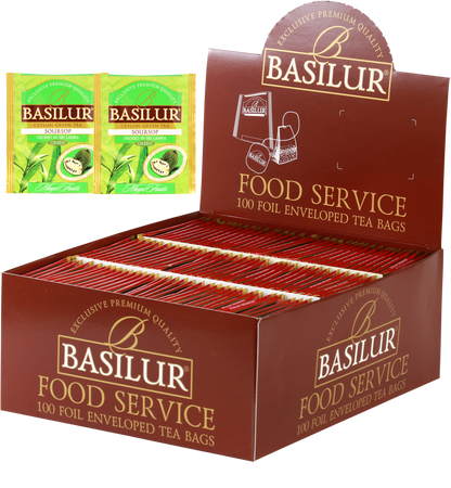 Herbata Basilur Soursop w ekspozytorze typu food service, 100 kopertowanych torebek zielonej herbaty z graviolą.