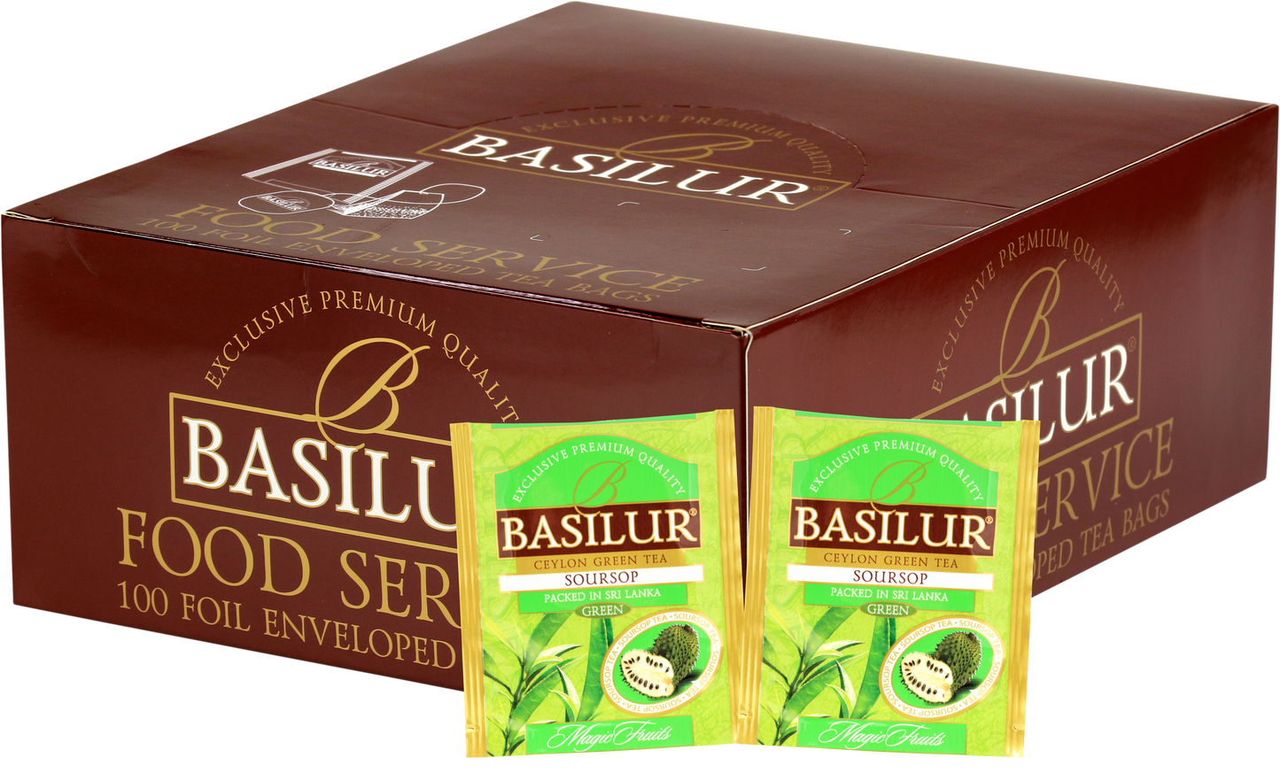 Opakowanie zbiorcze Basilur Soursop z saszetkami zielonej herbaty cejlońskiej o smaku gravioli.