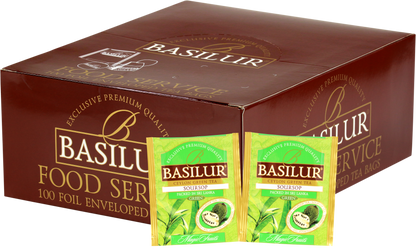 Opakowanie zbiorcze Basilur Soursop z saszetkami zielonej herbaty cejlońskiej o smaku gravioli.