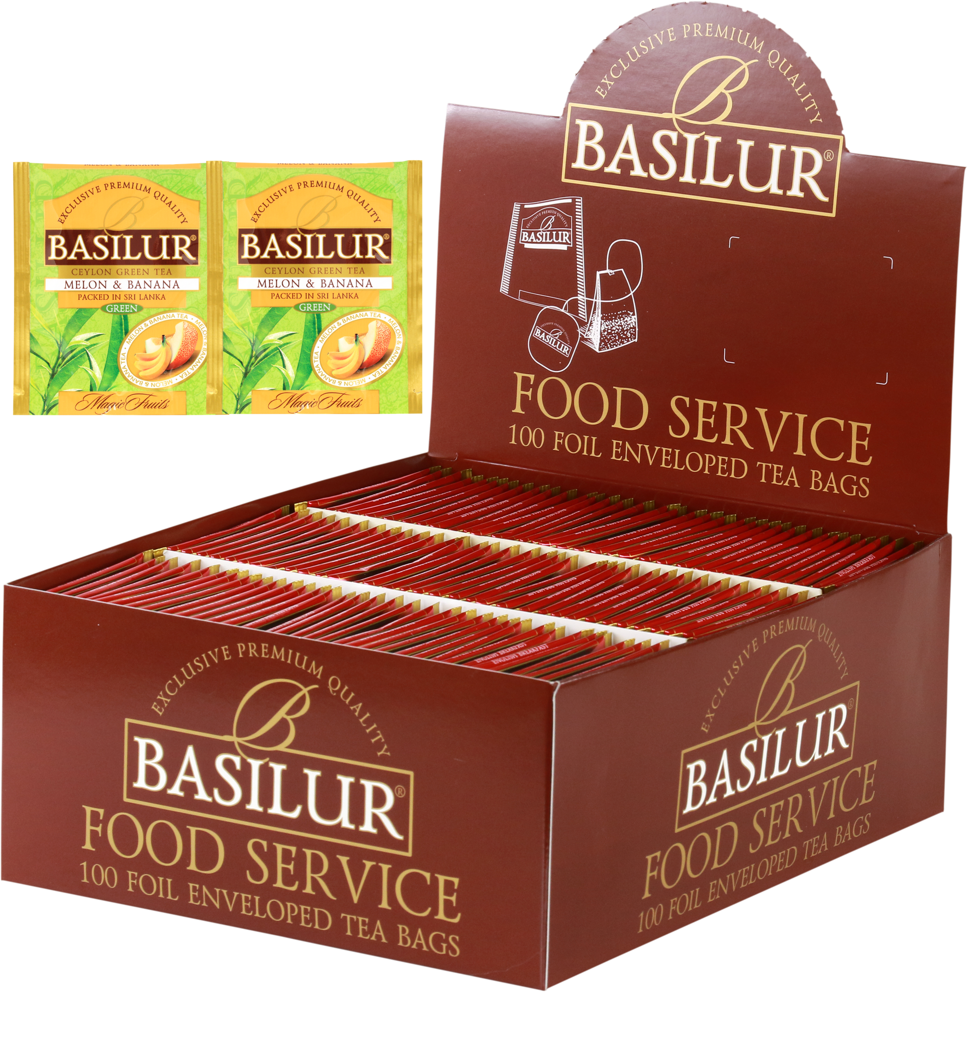 Herbata Basilur Melon & Banana w ekspozytorze typu food service, 100 kopertowanych torebek zielonej herbaty.