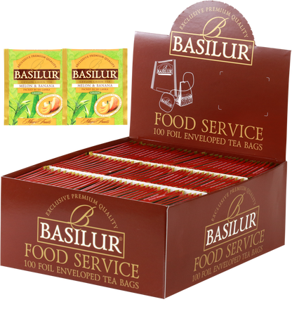 Herbata Basilur Melon & Banana w ekspozytorze typu food service, 100 kopertowanych torebek zielonej herbaty.
