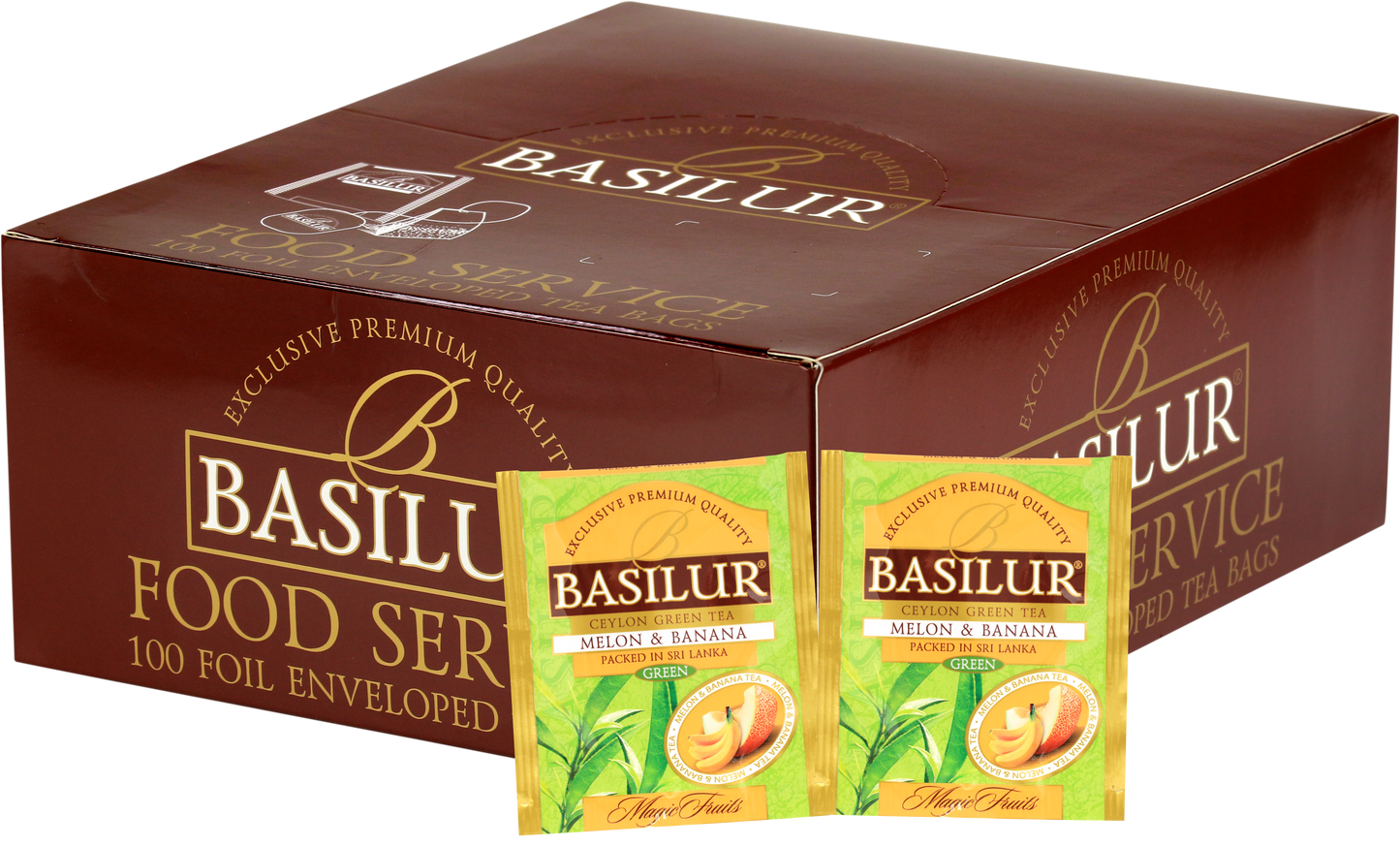 Opakowanie zbiorcze Basilur Melon & Banana z saszetkami zielonej herbaty cejlońskiej o smaku melona i banana.