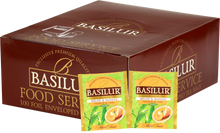 Opakowanie zbiorcze Basilur Melon & Banana z saszetkami zielonej herbaty cejlońskiej o smaku melona i banana.