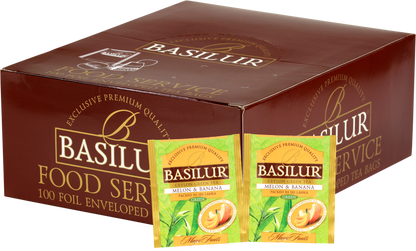 Opakowanie zbiorcze Basilur Melon & Banana z saszetkami zielonej herbaty cejlońskiej o smaku melona i banana.