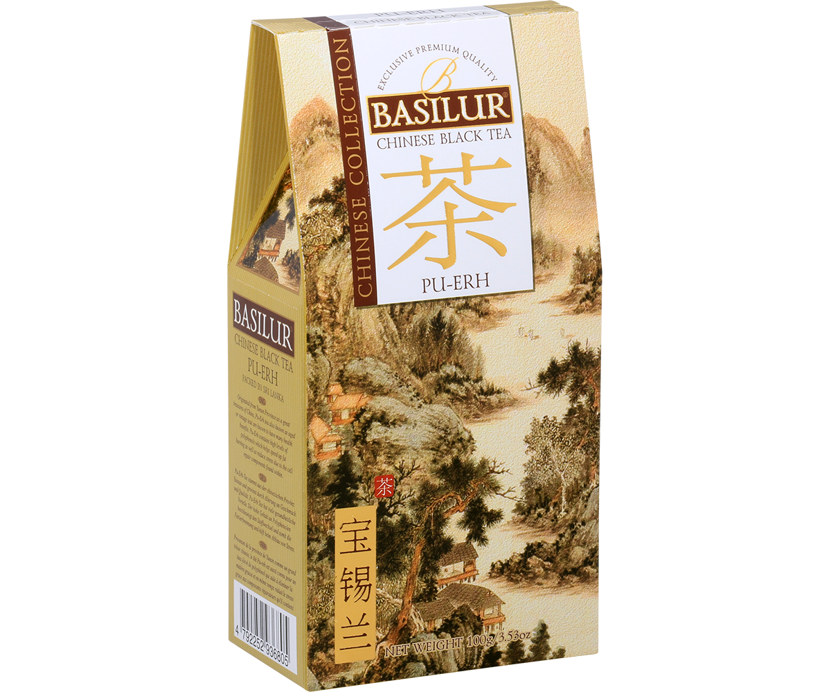 Bok pudełka Basilur Pu-Erh z opisem i detalami kolekcji Chinese Collection.