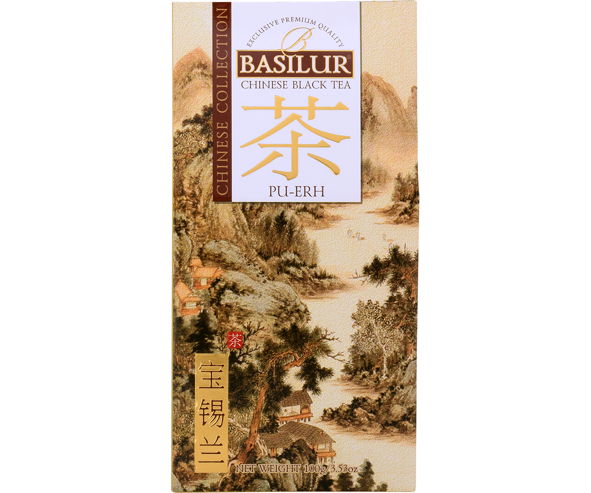 Front opakowania Basilur Pu-Erh z motywem chińskiego krajobrazu.
