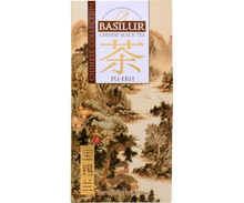 Front opakowania Basilur Pu-Erh z motywem chińskiego krajobrazu.