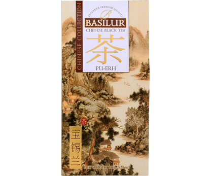 Front opakowania Basilur Pu-Erh z motywem chińskiego krajobrazu.