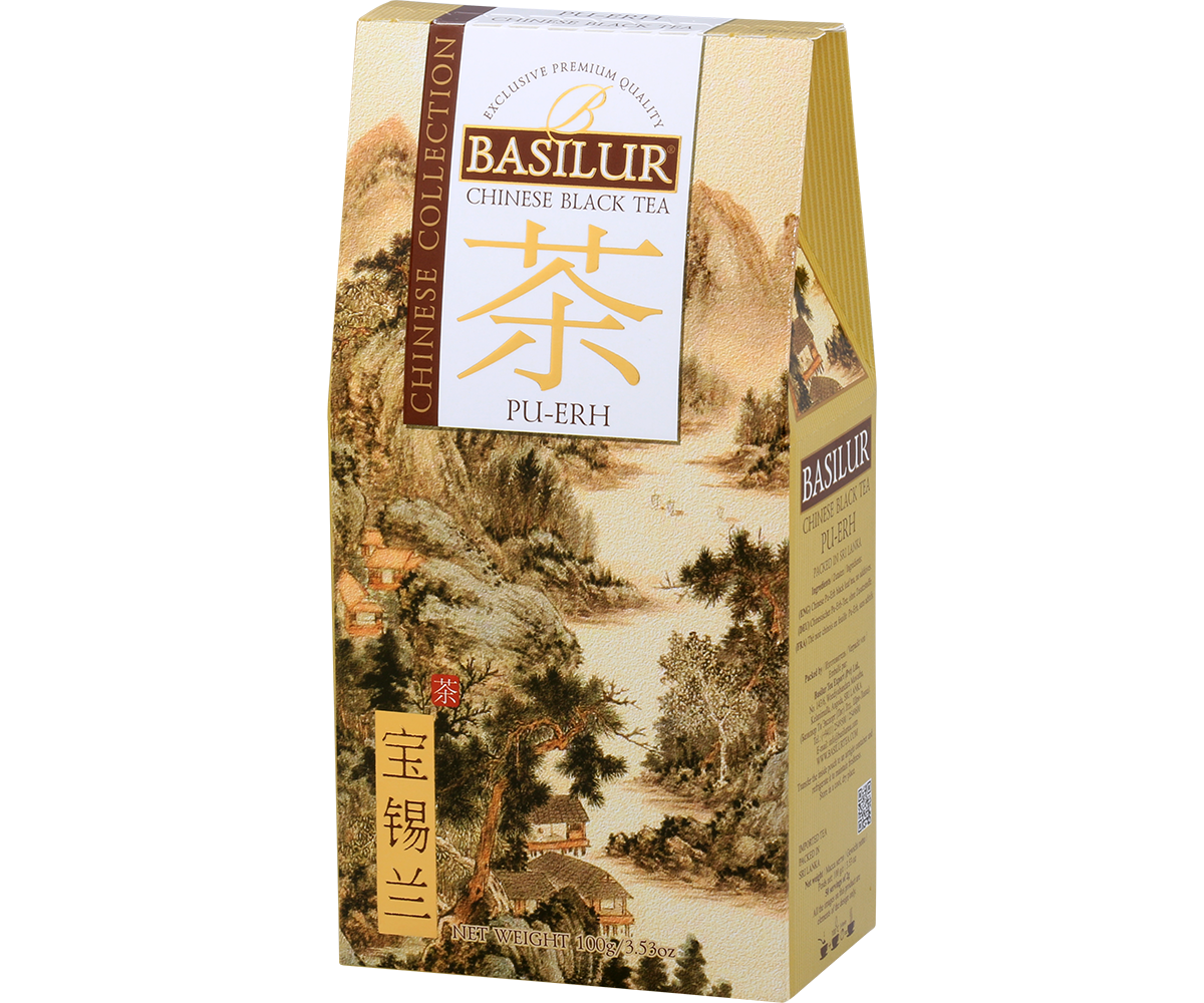 Herbata Basilur Pu-Erh w ozdobnym kartoniku, idealna dla koneserów herbat.