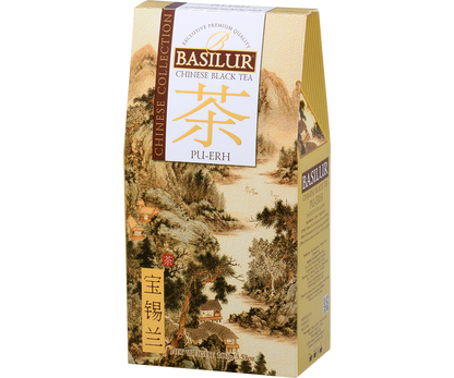 Herbata Basilur Pu-Erh w ozdobnym kartoniku, idealna dla koneserów herbat.