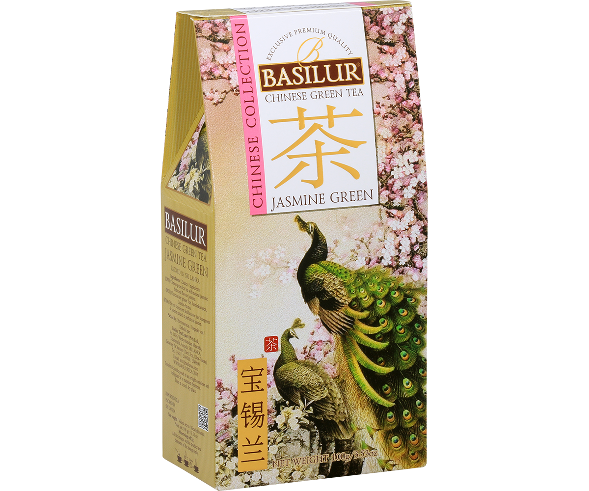 Bok pudełka Basilur Jasmine Green z opisem kolekcji Chinese Collection.