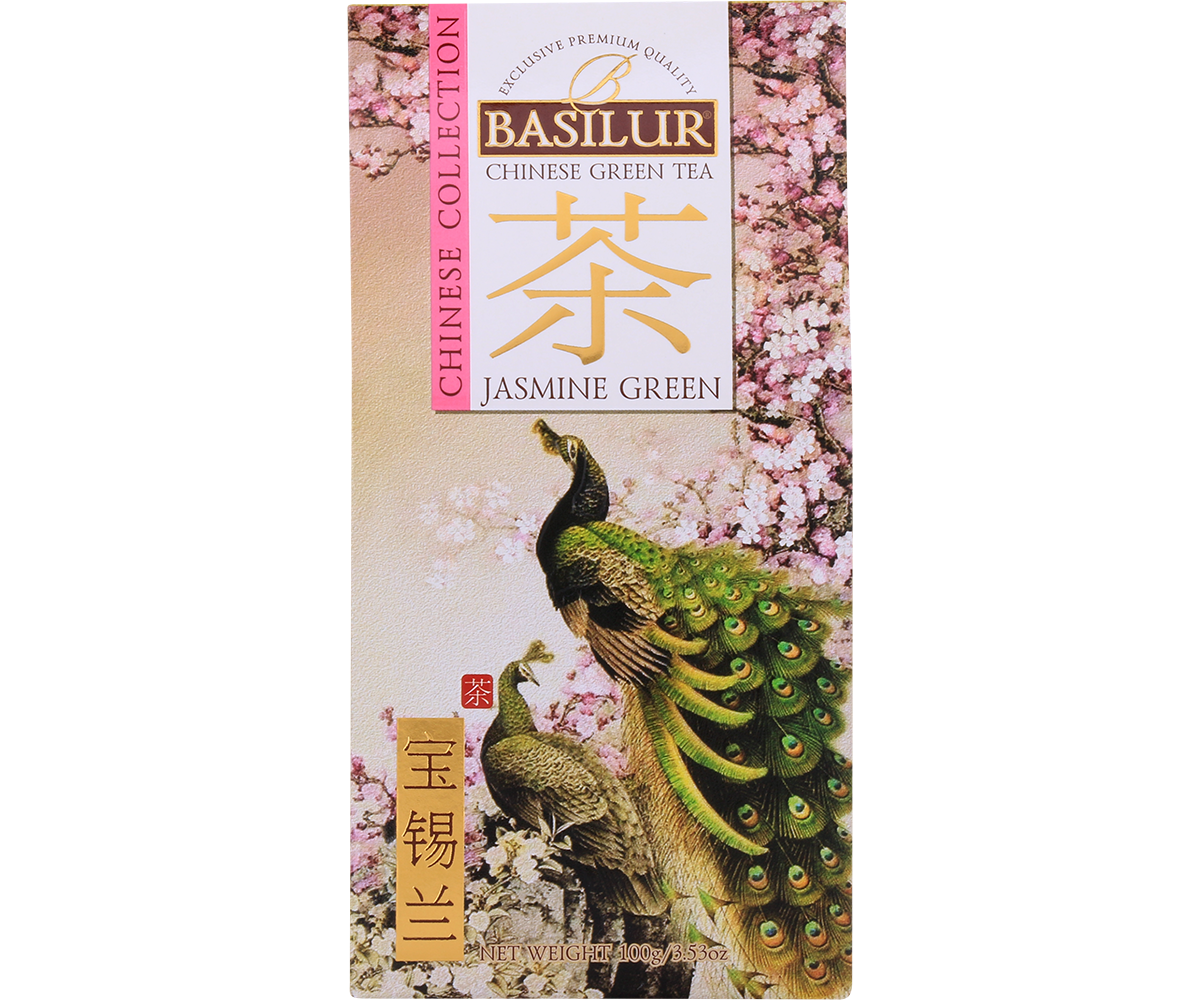 Front opakowania Basilur Jasmine Green z motywem pawia i kwitnących drzew wiśni.