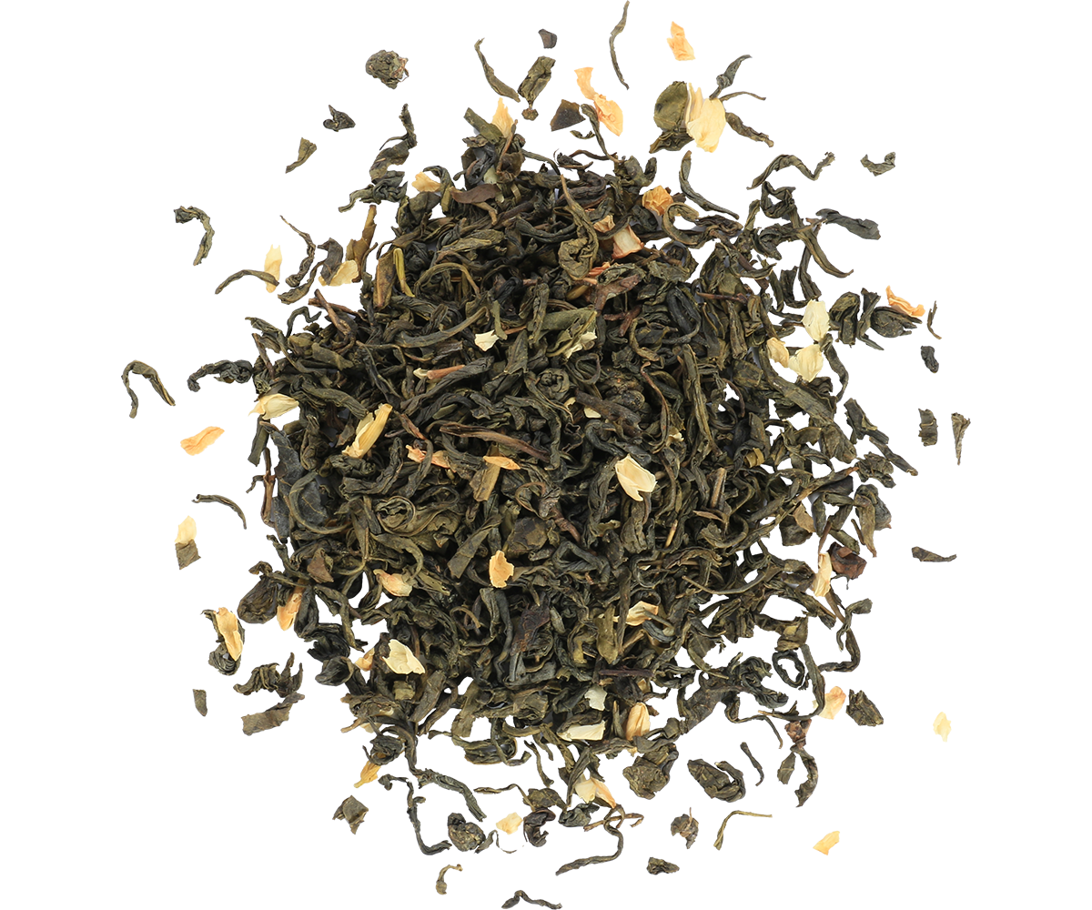 Liście zielonej herbaty Basilur z płatkami jaśminu, aromatyczna mieszanka o kwiatowym zapachu.